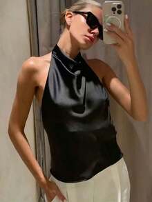 Blusa sin espalda de satén sexy para mujer, top casual elegante para fiesta de noche en color negro - Negro - Ver 3
