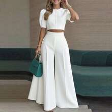 Elegant Spring Outfit For Women, Short Button-Down Blouse And Flared Trousers, Fashionable Style - White - View 8