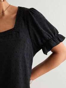 Blusa de manga corta con cuello cuadrado y parches de encaje de talla grande, blusa de manga abullonada - Marrón - Ver 4