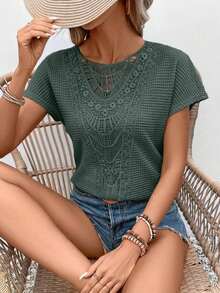 Camiseta de manga corta con hombros caídos de tela de gofre con textura de encaje para mujeres con mangas de murciélago - Verde - Ver 4