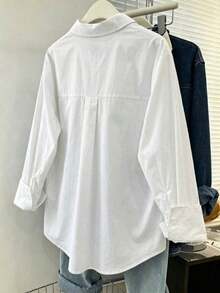 Camisa casual elegante con botones para mujer, blusa de oficina/trabajo con cuello en V, manga larga, con bolsillos, para primavera - Blanco - Ver 2