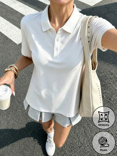 女士 Polo 衫，宽松透气轻便速干短袖，简约休闲风格翻领 T 恤，户外运动上衣 白色
