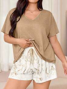 Miss Vinta Women's Plus Size 2-Piece Pajama Set With Short-Sleeve V-Neck Top And Floral Print Shorts. Comfortable Summer Pajama Set For Women With Shorts And Top, Summer Loungewear - 卡其色 - 查看 7
