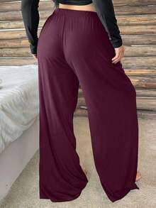 Plus Pantalones de pijama de pierna recta con cintura elástica y cordón para mujer de talla grande, pantalones de estar por casa de unicolor, para otoño e invierno - Burdeos - Ver 5