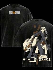 New Arrival 230g Thick Retro Plus Size Washed T-Shirt, Crew Neck, Short Sleeve, 100% Pure Cotton, Breathable. Men's Washed T-Shirt - Anime Y2K Print, INS American Retro Style, Unique, And Loose Fit Soul Eater Character Art Design Streetwear Vintage T Shirts Graphic T Shirts - 黑色 - 查看 12