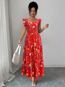 Vestido de mujer con cuello cuadrado, cintura ceñida y mangas acampanadas con estampado multicolor. Elegante y sofisticado, adecuado para el Día de San Valentín, Pascua, Día del Trabajo, cumpleaños, citas, fiestas, ocasiones formales, atuendo de maestra, looks de alta vibra, viajes y vacaciones, ropa de calle, primavera y verano - Blanco - Ver 7