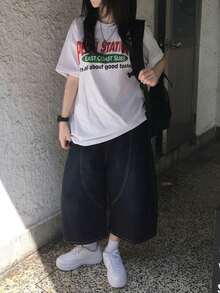Y2K Women's Short Sleeve T-Shirt, Modern Red And Green Letter Print, Summer Y2K Top, New, Versatile, Loose Fit, Round Neck, Fashion - 白色 - 查看 4