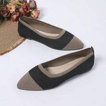 Sepatu Slip-On Wanita Berujung Lancip dengan Motif Garis-Garis Blok Warna yang Bernapas, Minimalis untuk Pakaian Sehari-hari, Sepatu Loafer Rajut Hitam & Khaki, Cocok untuk Semua Musim - Hitam - View 7
