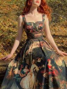 MOD Vestido de mujer estilo palacio vintage con estampado magenta, vestido largo para Año Nuevo, vestido formal, vestido de fiesta, vestido de cumpleaños para mujer, vestido de invitada de boda de otoño, vestido formal floral, vestido de cena para vacaciones, atuendo de cena para mujer, vestidos elegantes para mujer, vestido de vacaciones - Multicolor - Ver 6