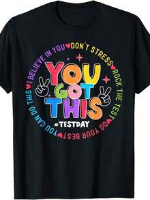 Camiseta para Mujer "Test Day Rock The Test Teacher" con Slogan que Aumenta la Confianza "¡Tú Puedes Con Esto", Cuello Redondo, Manga Corta, con Patrón Geométrico, Tela Ligeramente Elástica, Ideal para Eventos y Días de Pruebas. - Negro - Ver 1