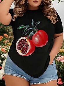 Camiseta Casual con Estampado de Granada para Mujer, Top Casual de Verano con Estampado de Frutas Vibrantes para Uso Diario y Amantes de la Naturaleza. - Negro - Ver 7