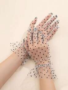 1 Pair D EXCEED Polka Dot Transparent Mesh Short Gloves, Elegant Lace Trim Mesh Gloves, Suitable For Weddings, Tea Parties, Makeup, Balls And Other Formal Occasions, Vintage Women's Gloves - Multicolor - View 2