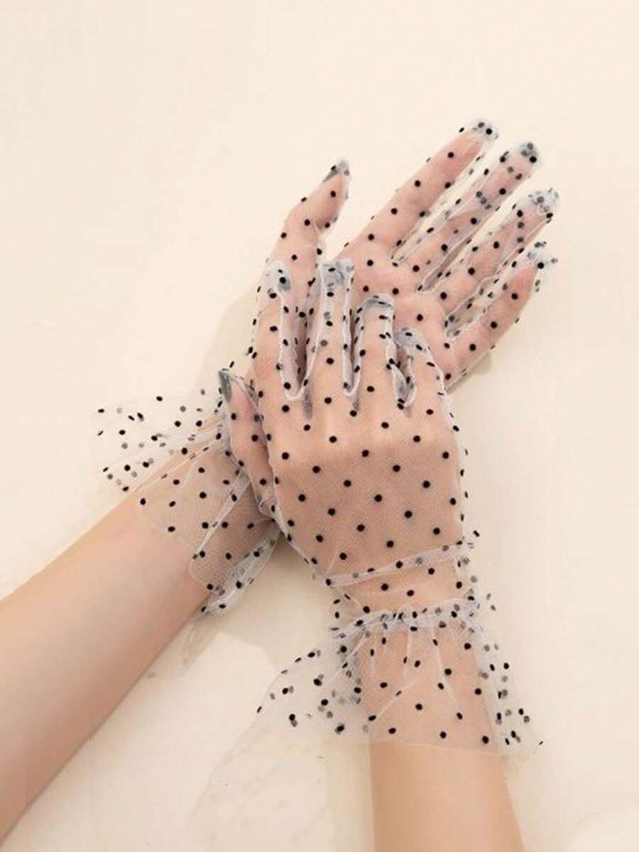 1 Pair D EXCEED Polka Dot Transparent Mesh Short Gloves, Elegant Lace Trim Mesh Gloves, Suitable For Weddings, Tea Parties, Makeup, Balls And Other Formal Occasions, Vintage Women's Gloves