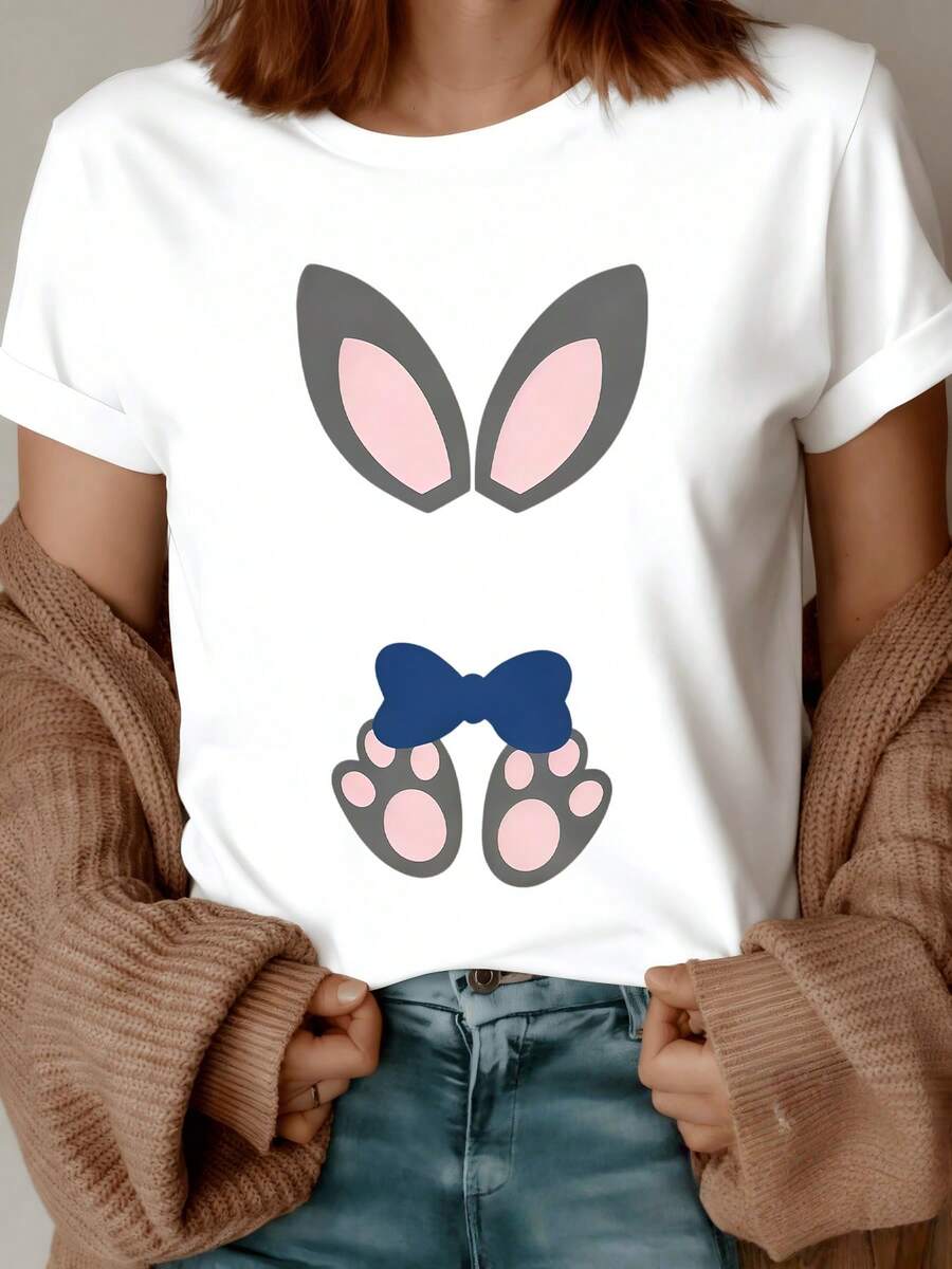 Orejas suaves de conejo acompañadas de huellas con lazo azul que simbolizan ternura alegría y conexión con la naturaleza camiseta de mujer casual cómoda para uso diario - Blanco - Ver 1