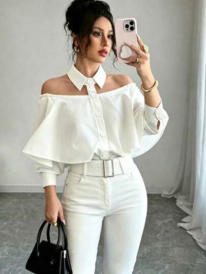 Plus Size Women's White Off-Shoulder Blouse, Elegant Collar Ruffle Design Long Sleeve Top, Versatile For Daily, Dating, Work, Commute, Slimming White Shirt