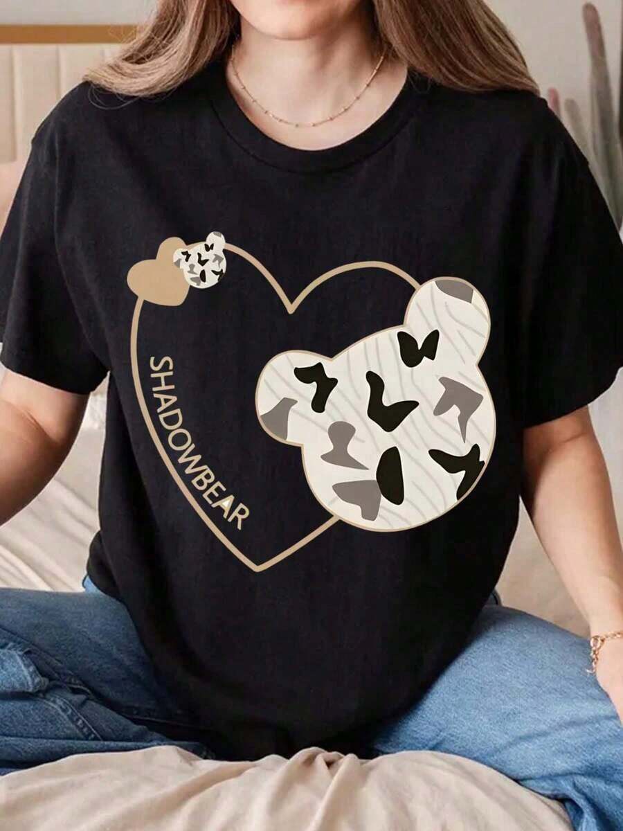 Women's Short-Sleeved T-Shirt With Bear, Camouflage, And Heart Print, Casual Summer Style, Comfortable Fabric, Perfect As A Gift - Urban Vintage Style, Unisex, Loose Fit, Cotton, Short Sleeve, Round Neck, Blouses For Women. Casual Blouses For Ladies. Print. Printed T-Shirt. Print. - 黑色 - 查看 1