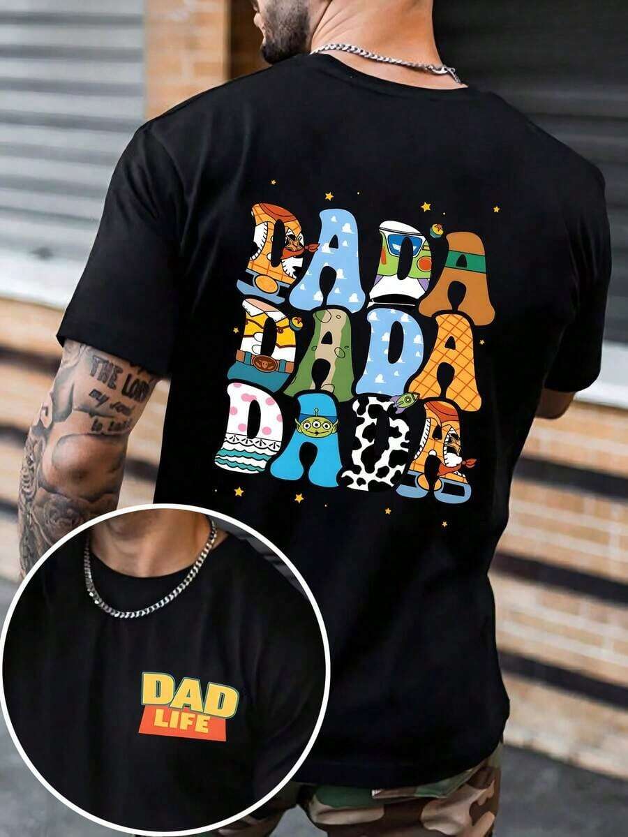Men's Retro Casual T-Shirt, 100% Cotton, "Dad Life" - Vintage Urban Style, Unisex, Short Sleeve, Crew Neck, Loose Fit Cotton, Blouses For Women. Blouses. Casual Blouses For Ladies. Blouses For Women. Blouses. Casual Blouses For Ladies.  Print. Printed T-Shirt.  Print. - 黑色 - 查看 1