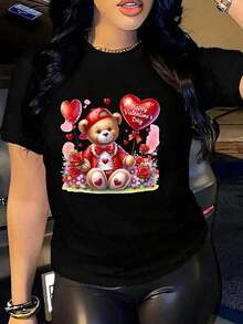 Cute Women's Valentine's Day T-Shirt With Teddy Bear And Heart Print - Soft Casual Crew Neck T-Shirt, Decorated With Cute Bear And Heart Patterns, Machine Washable, Suitable For Spring, Summer, Vintage Urban Style, Unisex, Cotton, Short Sleeve, Crew Neck, Blouses For Women. Blouses. Casual Blouses For Ladies. Care Bear Print. Printed T-Shirt. Care Bear Print. - 黑色3 - 查看 6