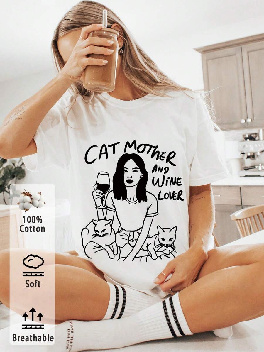 Women's One Piece Summer Set, Cozy Comfy Lounge, "Cat Mom" And Wine Lover Print T-Shirt, Suitable For A Casual Cat Lover Night Out, Stylish Women's Clothing, Style: Round Neck, Short Sleeves, Loose Fit, A Gift For Yourself/Family/Partner/Friends, Breathable Cotton Top, Soft And Relaxed Home Wear. - 白色 - 查看 1