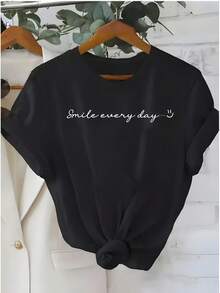 Women's White Cotton Athleisure T-Shirt With "Daily Smile" Cartoon Print - Loose Fit, Short Sleeve, Round Neck, Breathable Summer Casual Top, Suitable For Daily And Sports Wear, Machine Washable, Comfortable For Everyday Wear, Opaque Fabric, Moisture-Wicking Gym Casual Wear. - 黑色 - 查看 11