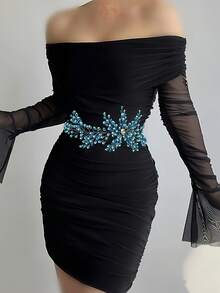 1pc Elegant Rhinestone & Pearl Beaded Handmade Waist Belt, Fashion Accessory For Women Wedding Dress - Mint Blue - View 5