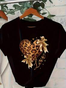 1 pieza de top casual de manga corta, estampado de leopardo con diseño de corazón, la primera opción para la moda femenina en primavera y verano, 180g 100% algodón. - Negro - Ver 5
