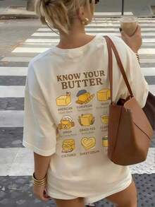 Women's Clothing Graphic Print Short Sleeve T-Shirt For Women, Casual Loose Retro American Style, Round Neck, Versatile Summer Top, Women's Shirts - 杏色 - 查看 3