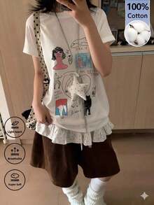 Custom Y2K T-Shirt With Sweet And Cool Graffiti Pattern, White, Loose Fit, Crew Neck And Short Sleeve, Versatile Summer Casual Top - Unisex Cotton Loose Fit Vintage Urban Style Crew Neck Short Sleeve T-Shirt - 白色 - 查看 7