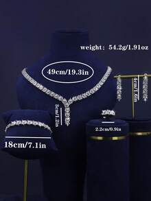 5件套白金镀层奢华皇家风格几何设计新娘结婚首饰套装，镶嵌白色立方氧化锆，包括项链、手链、耳环、戒指，适合日常佩戴和婚礼场合，结婚周年纪念礼物（精美礼盒包装）赠送 - 幾何套裝 - 查看 2