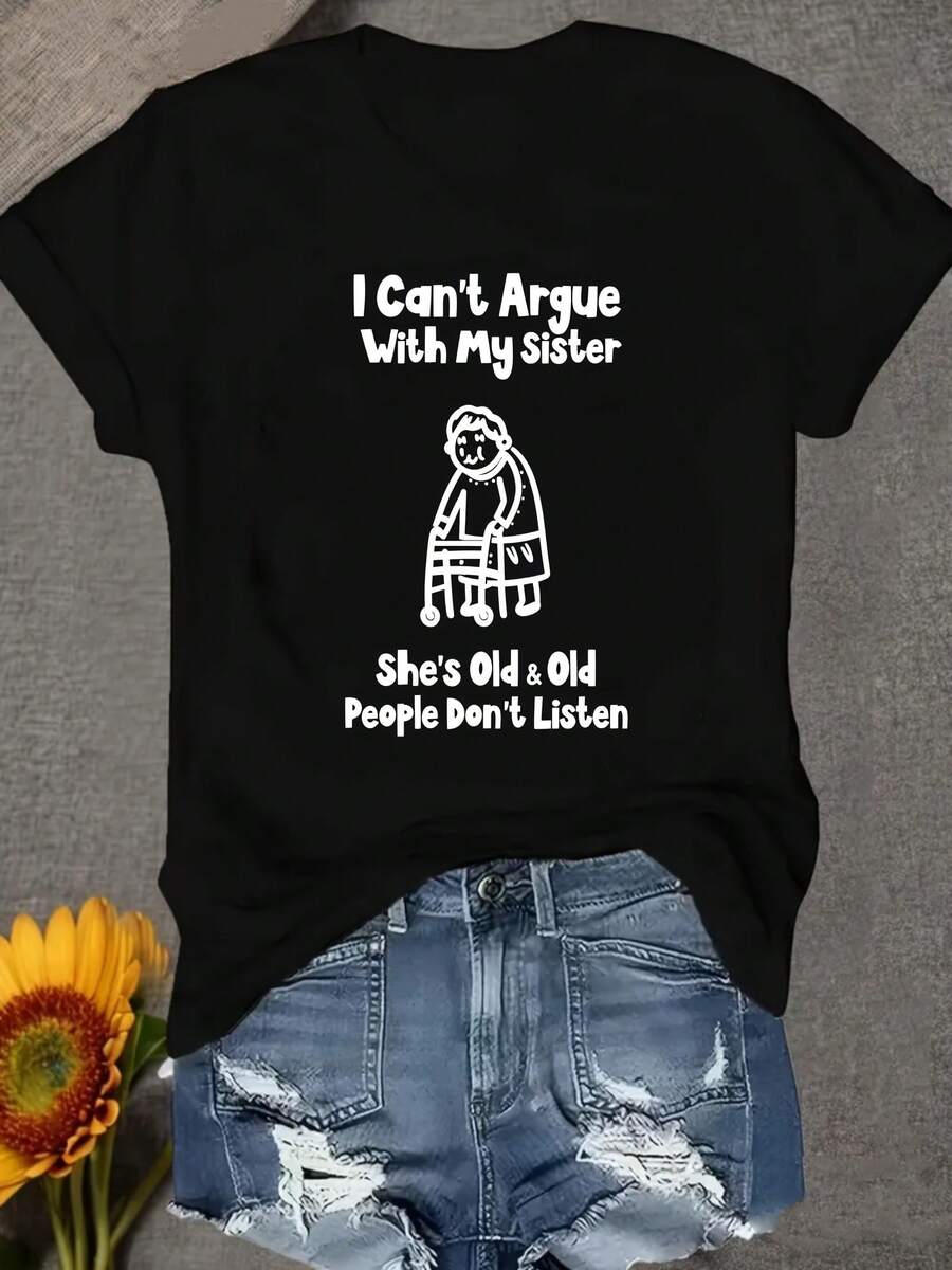 Una camiseta de mujer de manga corta, holgada, moderna, retro y elegante, adecuada para actividades al aire libre en primavera y verano.Camiseta con la frase: "No puedo discutir con mi hermana."Está envejeciendo y no escucha a los mayores."Divertida y con un toque de humor, informal para el uso diario, de cuello redondo, cómoda y suave, estilo femenino.blusas para mujer,blusas casuales para dama,tops,, mujer premium,y2k,playeras de mujer curvy,ofertas y liquidaciones ropa mujer,playeras deportivas para mujer,,playeras de hombre, mujer,blusas>elegante UXAI - Negro - Ver 1