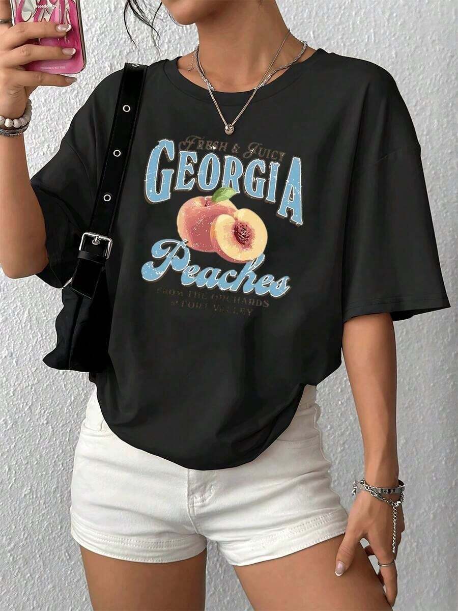 Camiseta de moda de verano para hombre, diseño gráfico vintage de melocotones frescos y jugosos de Georgia, algodón suave, estilo casual, perfecta para el verano, atuendo elegante y cómodo, diseño único con estampado de frutas, ropa para hombre, adecuada como regalo. playera de mujer. blusas>elegantes. boho chic,Top de mujer suave, transpirable y cómodo, ideal para primavera, verano y otoño, perfecto para vacaciones, viajes y uso diario. - Negro - Ver 1