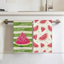 2pcs Kitchen Towels, Green Striped Watermelon Pattern Super Soft Microfiber Kitchen Towels, 40*60cm/15.7*23.6in, Single-Sided Print, Dish Cloths For Kitchen, Restaurant, Bathroom Decor, Holiday Gift - Multicolor - View 1
