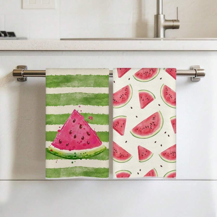2pcs Kitchen Towels, Green Striped Watermelon Pattern Super Soft Microfiber Kitchen Towels, 40*60cm/15.7*23.6in, Single-Sided Print, Dish Cloths For Kitchen, Restaurant, Bathroom Decor, Holiday Gift - Multicolor - View 1