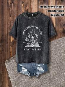1 camiseta negra vintage lavada, estampada con "Los libros son mi peculiaridad" y un motivo de amante de los libros. |   Camiseta de verano cómoda y casual de cuello redondo, lavable a máquina, camiseta con temática de libros, ropa casual, camisa de textura suave, corte regular, adecuada para todas las estaciones, 180g 100% algodón. - Negro - Ver 7