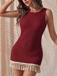1 pieza Body sin mangas de mujer con textura de malla y flecos largos, estilo elegante - Burdeos - Ver 7