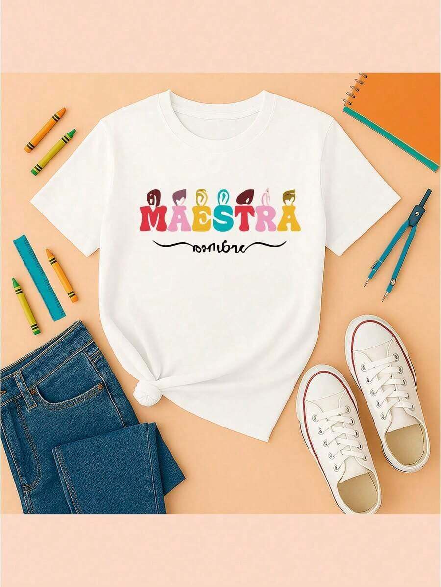 Women's Breathable Teacher T-Shirt, "Teacher" Text Design With Rainbow Crayons, Lightweight And Cool, Ideal For Extreme Heat, Casual Summer School Style (Mexico) - 白色 - 查看 1