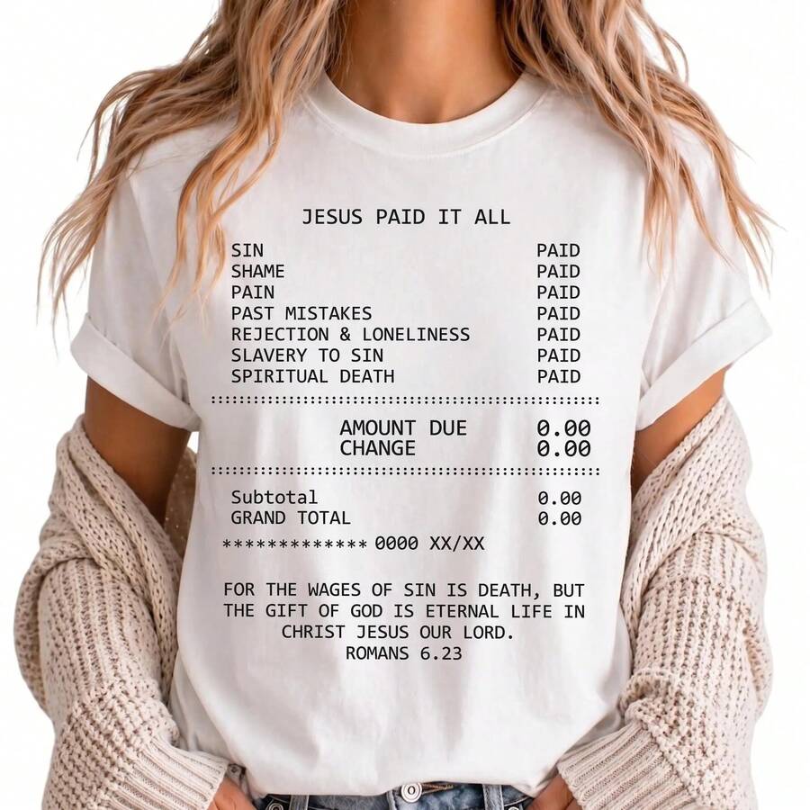 Women's Cotton Crew Neck Short Sleeve T-Shirt With "Jesus Paid It All" Print - Soft, Breathable, Casual, Unisex - Ideal For Summer, Religious Events, Casual College Style And Everyday Wear, And Versatile Urban Style. - 白色 - 查看 1