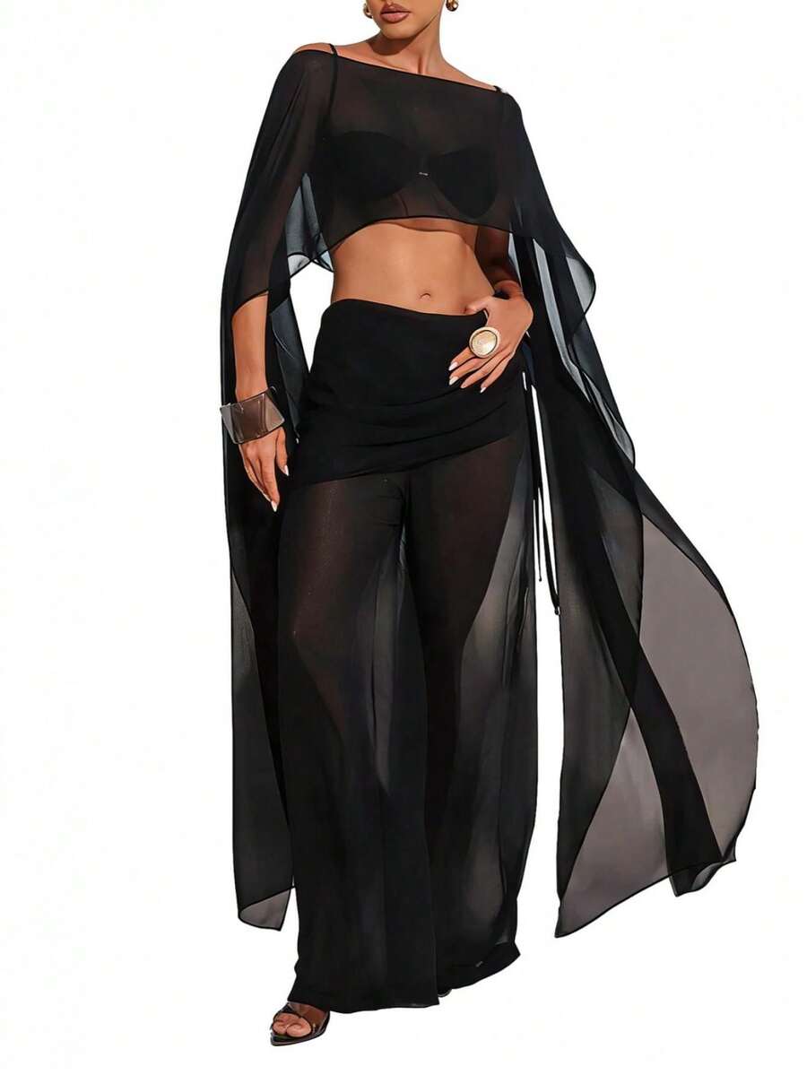Women Sheer Mesh Long Shawl Cape Off Shoulder Poncho Tops See Through Beach Cover Up Blouses Dress Shawl Wraps - 黑色 - 查看 1