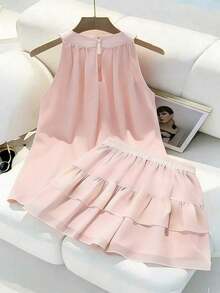 Conjunto de blusa sin mangas con nudo delantero y falda con volantes y dobladillo en capas, conjunto de verano casual de resort, set en color rosa - Rosa Pálido - Ver 2