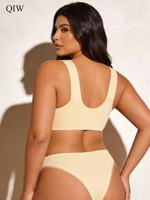 Plus Size Women Printed Front Button Wireless Bra, Seamless Comfortable Casual Underwear - Apricot - View 3