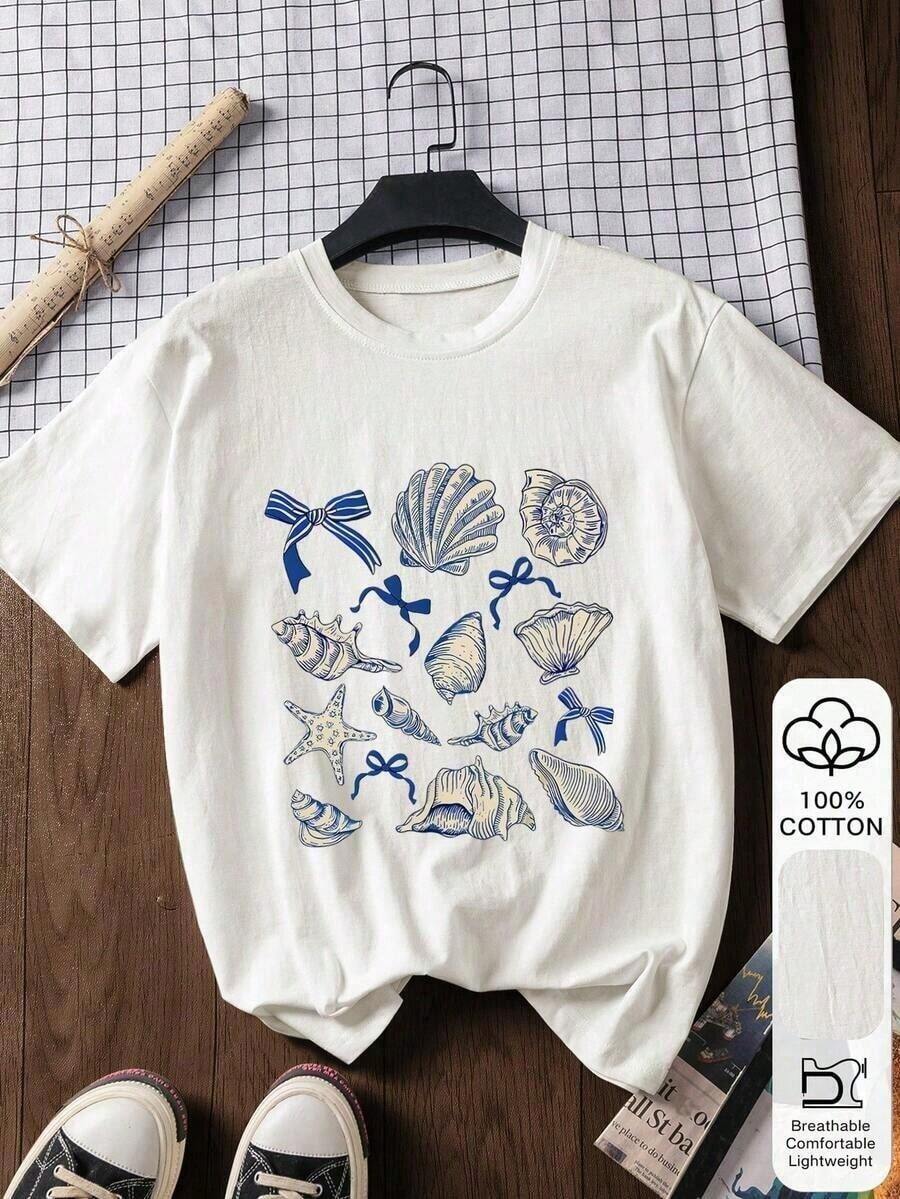 Conjuntos de Verano para Mujer, Camiseta de Manga Corta 100% Algodón, Camiseta Casual con Estampado de Conchas, Camiseta con Patrón Inspirado en Milán 2026, Conjuntos de Primavera/Verano para el Primer Día de Clases para Mujer, playeras de mujer - Blanco 5 - Ver 1