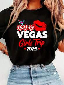 Girls Trip Vegas - Las Vegas 2025 - Girls Trip 2025 Print T-Shirt, Casual Round Neck Short Sleeve T-Shirt, Comfortable, For Spring And Summer, Women's Clothing. - 黑色 - 查看 6