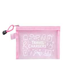 網格化妝包印有「Travel Charger」字母圖案，旅行網格盥洗包，夏季度假必備。便攜式化妝品收納包，多功能收納包，電子設備收納，數據線收納，適用於度假、辦公室、購物、酒店、返校禮物、生日禮物、旅行配件、教師節禮物、婚禮配件 - 彩色 - 查看 15