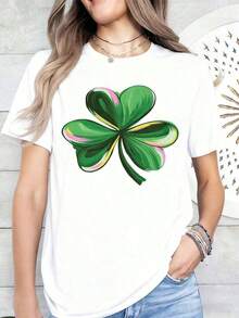 Women's Fashionable And Luxurious St. Patrick's Day Shamrock T-Shirt, Casual Lucky Shamrock Graphic Tee For St. Patrick's Day Celebration, Everyday Wear - 白色 - 查看 3
