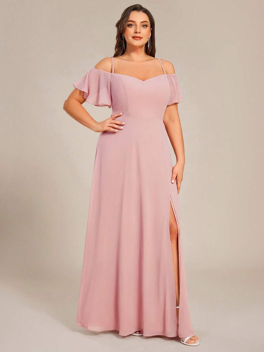 EVERPRETTY Plus Size Elegant Romantic Alluring Off-Shoulder Pink Bridesmaid Dress, Suitable For Summer Wedding Guest, Valentine's Day Party