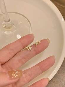 1pair Double Star Shaped Earrings Inlaid With Cubic Zirconia 18k Gold Plated For Women, Perfect Choice For Proposal, Engagement Party Gift - Gold - View 8