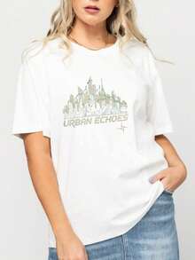 Premium Casual Style Women's T-Shirt With Cityscape Print, A Gift For Friends And Family In Summer And Spring, . - Putih - View 3