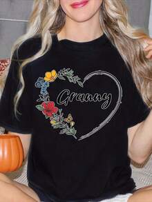 Women's T-Shirt With Floral Heart Design And Embroidered Flowers, With Butterflies, Round Neck, Short Sleeve, Soft, Comfortable, Simple And Fashionable, Summer Gift For Grandmother, Best Gift For Friends In Juneteenth, Graduation 2026. - Black - View 6