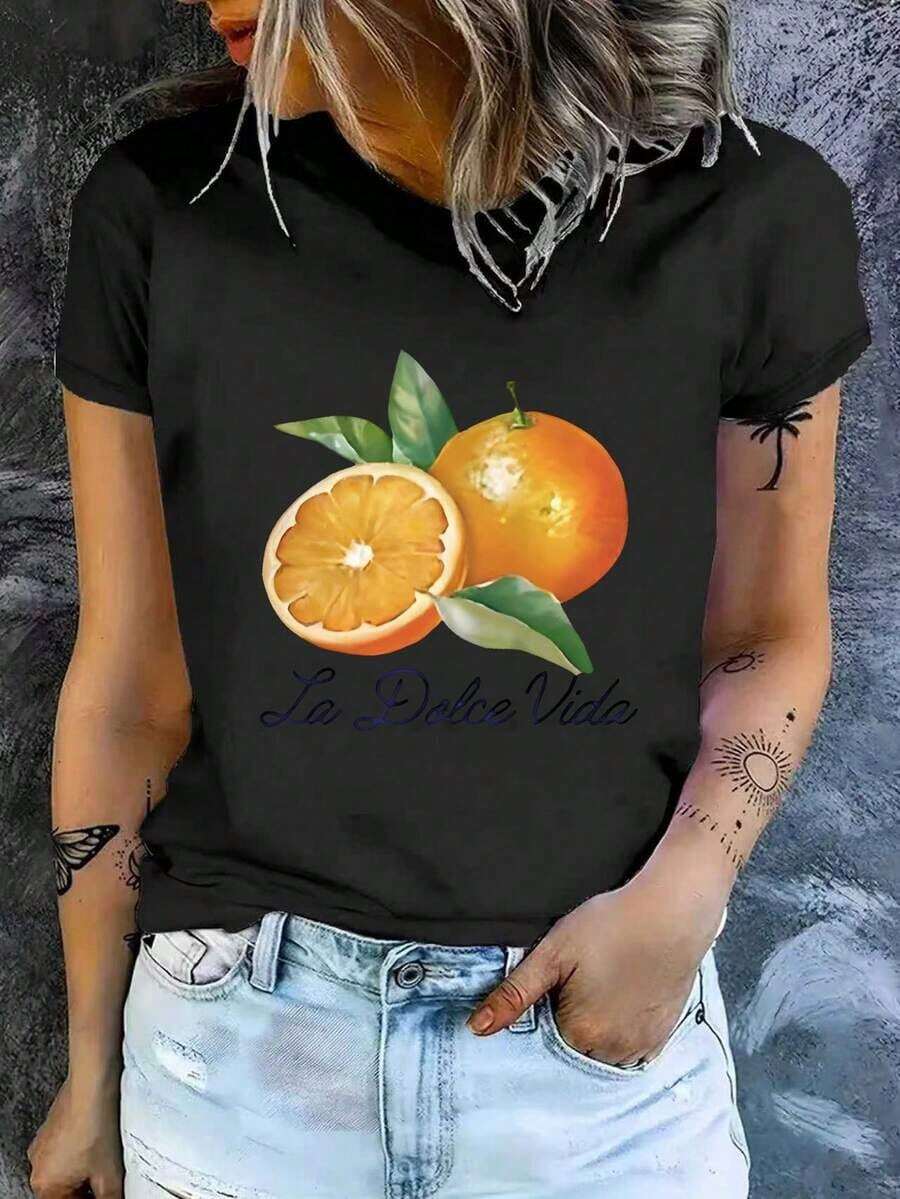 Premium Quality Women's Short-Sleeved Cotton T-Shirt With A Printed Design, Casual Fit, And A Slim Fit. The Shirt Features A Beautiful Orange Slice Design, Is Soft And Comfortable, And Is A Versatile Garment Suitable For Everyday Wear. . - 黑色 - 查看 1