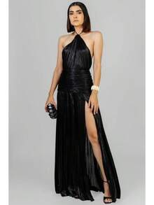 Metallic Pleated Halter Maxi Dress, Ruched Waist With Front Slit, Elegant Evening Gown For Prom & Weddings - Black - View 2
